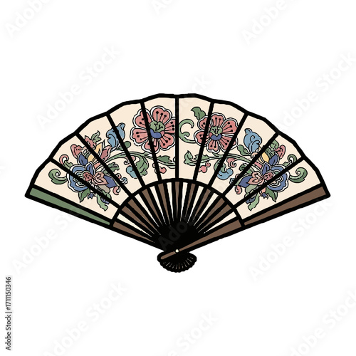 Open folding fan with a floral pattern red and blue flowers on a cream background