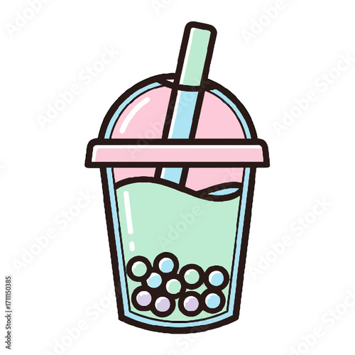 Cute pastel bubble tea with a straw, featuring pink, mint green, and blue colors, with tapioca pearls at the bottom