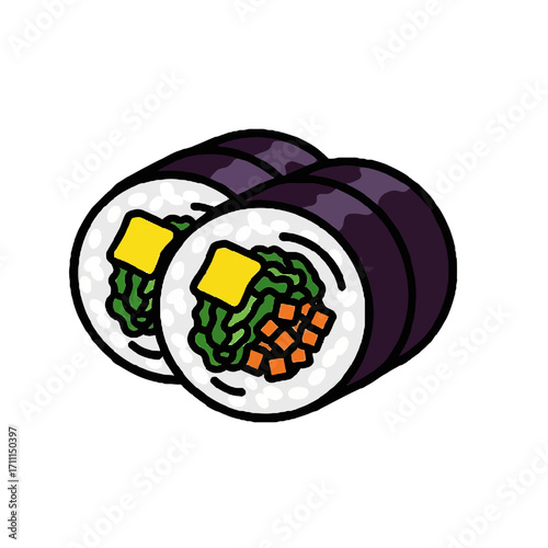 Two rolls korean gimbap or sushi, with seaweed, rice, and colorful filling