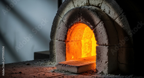 Traditional rustic clay brick kiln glows with intense orange heat, radiant fire illuminates arched oven structure in dark artisan workshop, pottery or bread baking process