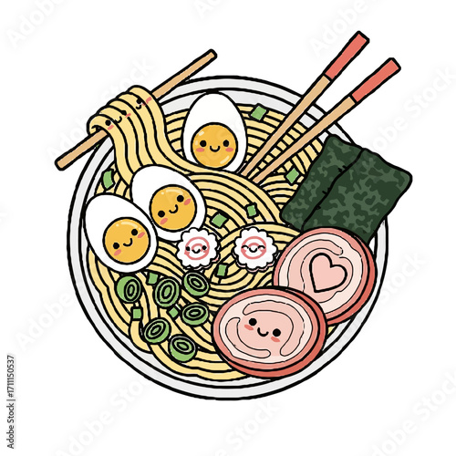 Cute and colorful illustration a ramen bowl with smiling ingredients like eggs, nori, and char siu, isolated on a transparent background, perfect for foodrelated designs
