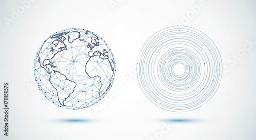 Digital globe representation and abstract circular data flow illustration on white background.
