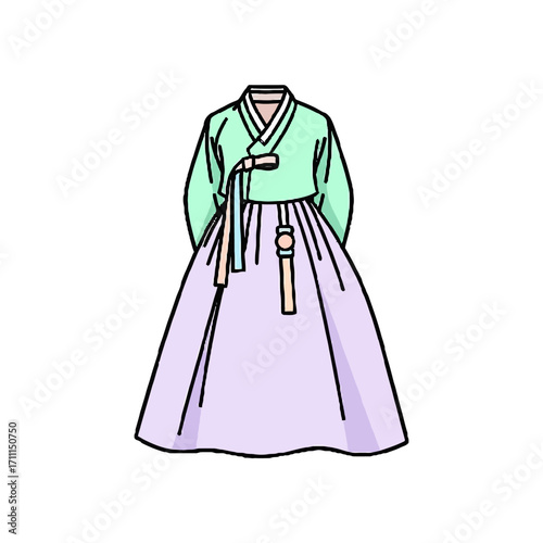 A traditional korean hanbok dress with a light green jeogori and a pastel purple chima