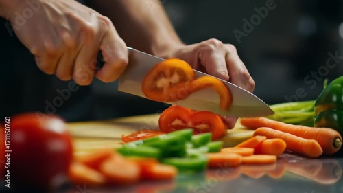 Chef expertly slices fresh vegetables for a healthy meal preparation.