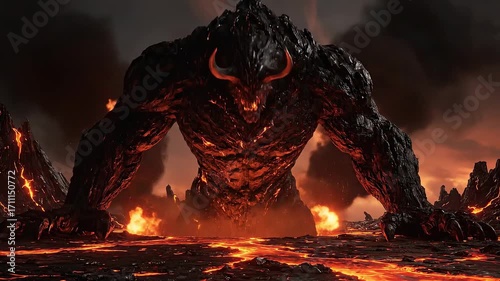 Epic Cinematic Flyover of a Fiery Volcanic Landscape with Eruptions and Flowing Lava