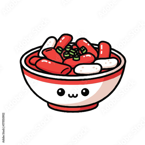 Adorable cartoon bowl tteokbokki with a cute face, , kawaii korean food illustration, vibrant and cheerful design, suitable for culinary blogs or restaurant menus