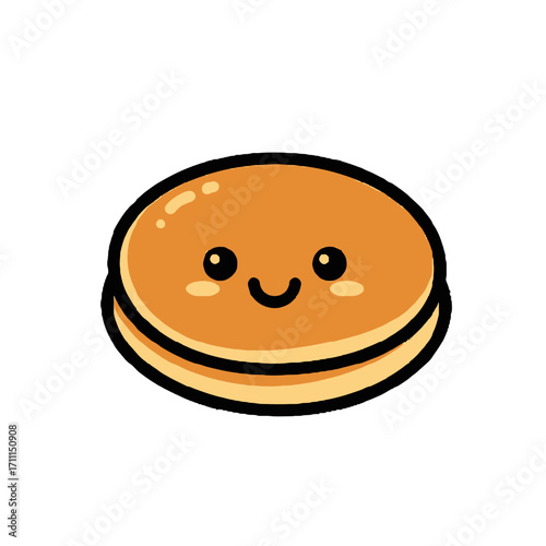 Cute cartoon pancake with a happy face, , kawaii food illustration, simple and cheerful design, perfect for childrens books or food branding