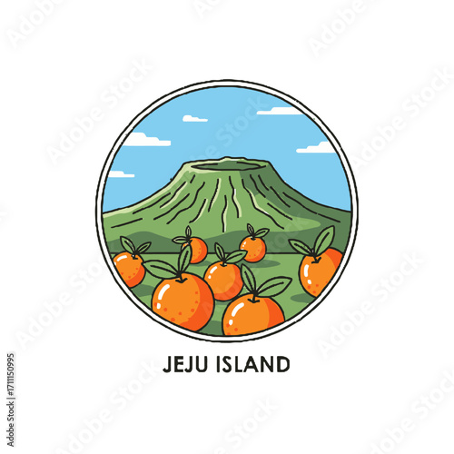 A charming illustration representing jeju island, south korea, featuring the iconic hallasan mountain, ripe tangerines, and a clear blue sky, evoking a sense natural beauty and agricultural richness