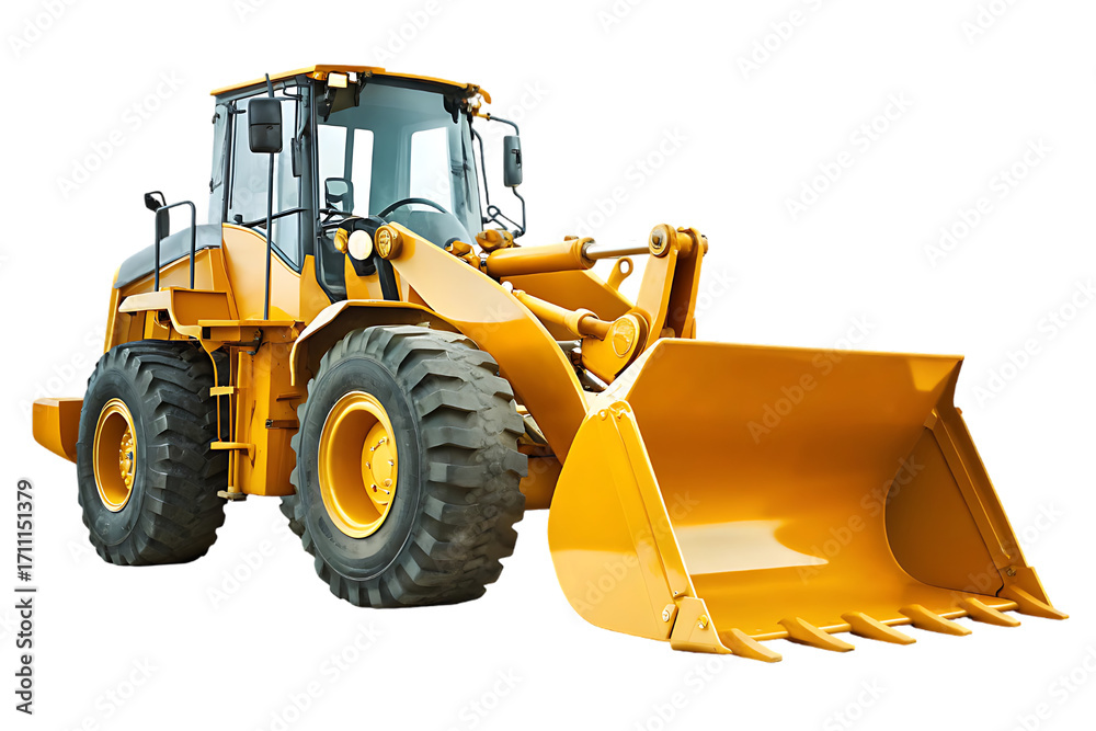 Fototapeta premium Heavy duty yellow front end loader construction vehicle with large bucket isolated on black background