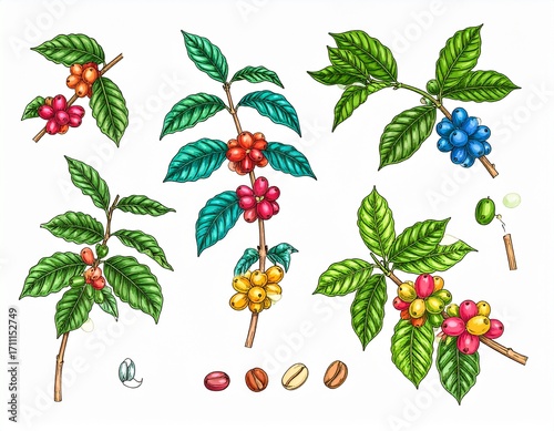 Hand drawn set of colorful coffee tree branches and beans. Vector illustration in 