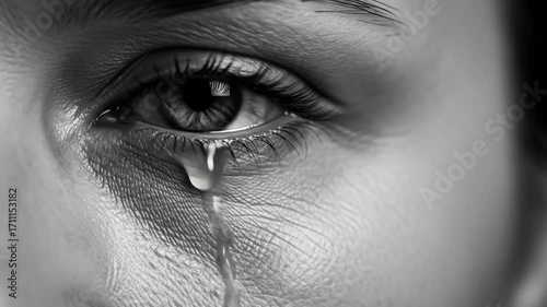 Close up of a crying eye with tears streaming down the face.