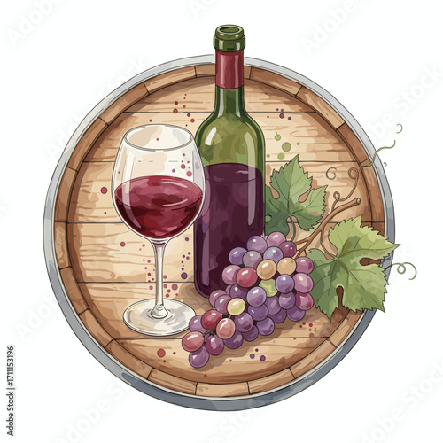 Watercolor vector illustration of wine glass, wine bottle, grape cluster, and wine barrel, perfect for labels, winery logos, restaurant menu decoration, and print design