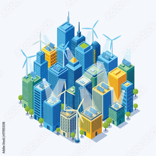 Sustainable City Eco-Friendly Urban Landscape with Wind Turbines and Solar Panels