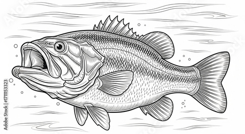 Detailed illustration of a largemouth bass with open mouth swimming in water