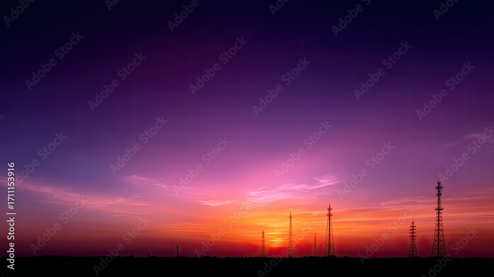 Fototapeta premium Stunning sunset casts vibrant hues across sky, with silhouettes of communication towers standing tall against colorful backdrop. scene evokes sense of tranquility and beauty