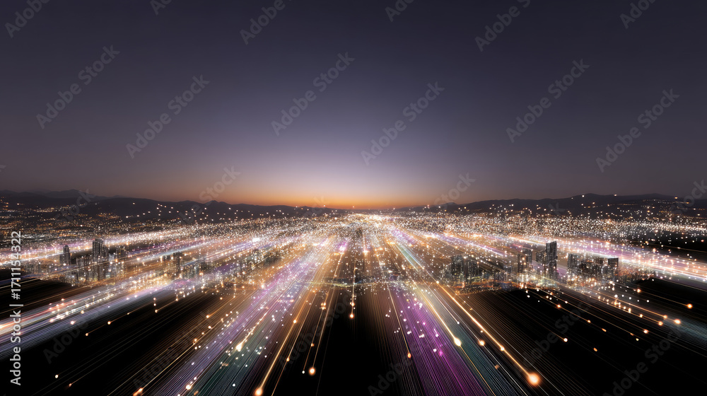 Fototapeta premium Stunning cityscape at dusk, showcasing vibrant lights and dynamic perspective that creates sense of movement and energy. skyline is illuminated with colorful lights, blending into horizon