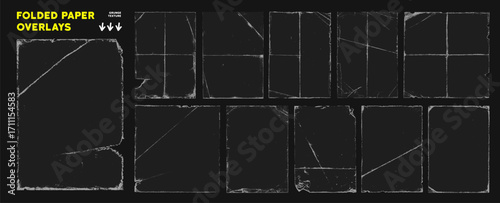Old paper frame overlays with fold and crease effect for a vintage photo border or retro punk poster background. 