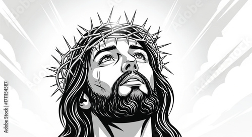Faithful man with crown of thorns looks up with hope and divine light