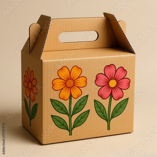Diseño packaging caja de cartón para envíos, con asa, adornada con dibujos de flores