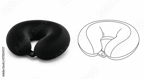 Comfortable travel neck pillow shown in black and as a line drawing for comparison.