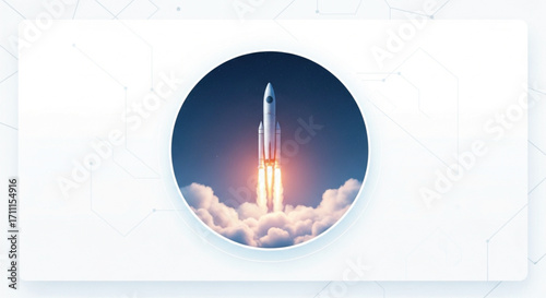 Powerful rocket launching into the sky, leaving a trail of bright flames and clouds, symbolizing innovation and progress.