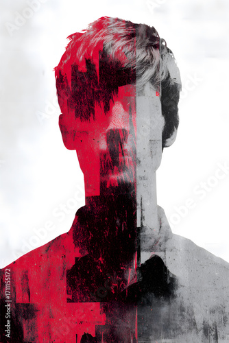 Double Exposure Portrait of a Man with Red and Grey Tones.