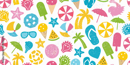 Vibrant summer holiday pattern featuring beach icons and tropical elements