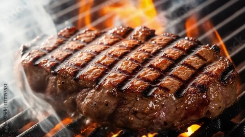 Delicious Grilled Steak on Hot Grill.