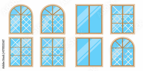 Collection of eight different illustrated window designs with wooden frames and blue glass panes