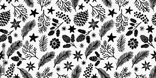 Hand drawn black and white winter holiday pattern with pinecones fir branches stars and berries