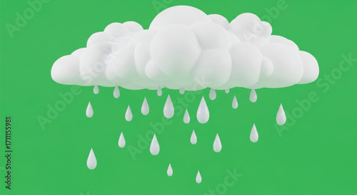 Fluffy white cloud raining droplets against a vibrant green background