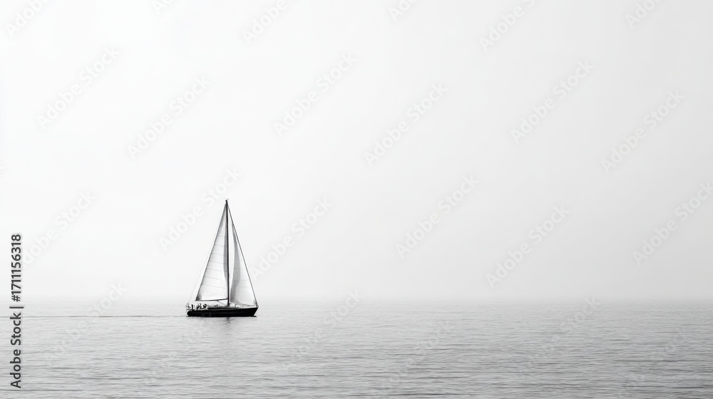 Fototapeta premium Simple ocean scene: single mast and sail in soft haze, wide airy frame.