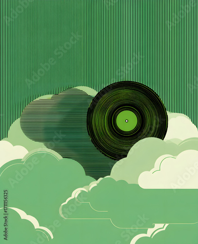 Dark green vinyl record floats on clouds.