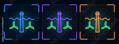 Tidal energy symbol icon illustration, ecology green environment vector symbol collection, cyber neon visual, glowing borders frames.