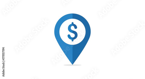 Blue map marker with dollar sign symbolizes financial location or investment destination.