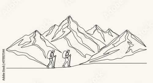 Two hikers ascend a rugged mountain range in a minimalist line art style, symbolizing adventure and exploration.