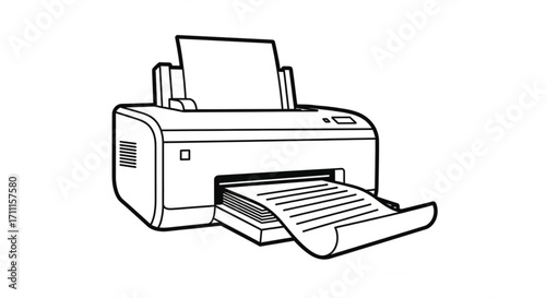 Modern printer outputting a document on white paper, clean line art illustration
