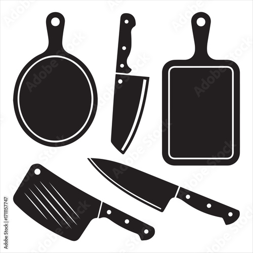 Black Kitchen Tools Illustration: Cutting Boards and Knives