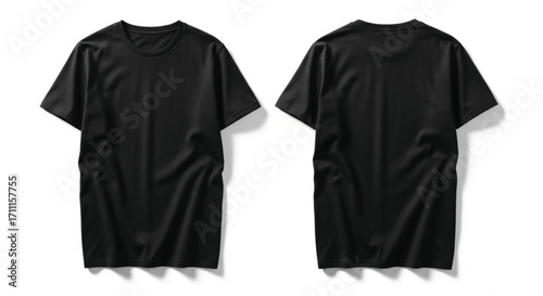 Plain black t-shirts shown from front and back view on a white background