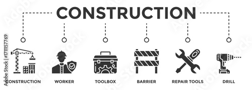 Construction web banner icon vector illustration concept consists of Construction, Worker, Toolbox, Barrier, Repair Tools, Drill icon live stroke and easy to edit