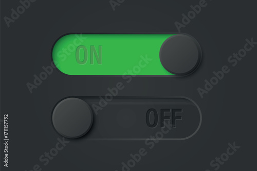 Vector Black Toggle Switch Set on Black Background. Realistic Toggle Switch. On Off Button, Modern Toggle Switch for User Interface, App, Web, Settings, Technology. UI Element, Control Panel