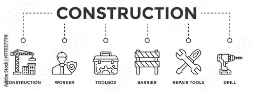 Construction web banner icon vector illustration concept consists of Construction, Worker, Toolbox, Barrier, Repair Tools, Drill icon live stroke and easy to edit