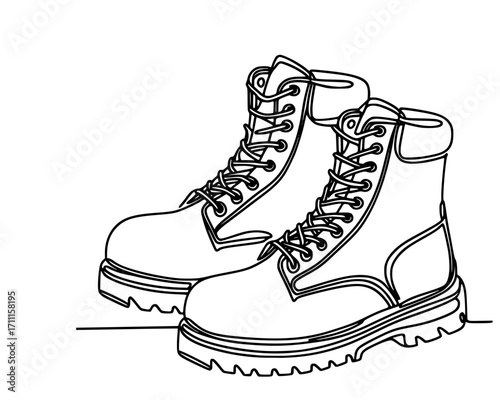 Laced for Labor: Line Art of Heavy-Duty Work Boots, A detailed black-and-white line drawing of a pair of rugged work boots featuring thick treaded soles, reinforced stitching, metal eyelets, and high 