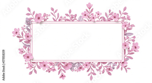 Elegant rectangular frame beautifully decorated with soft pink watercolor style flowers, blossoms, and leaves. A delicate botanical vector border for invitations and special occasions