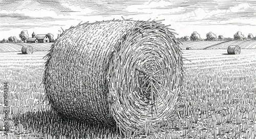 Rustic hay bale rests in a sunlit field with distant farm buildings under a clear sky.