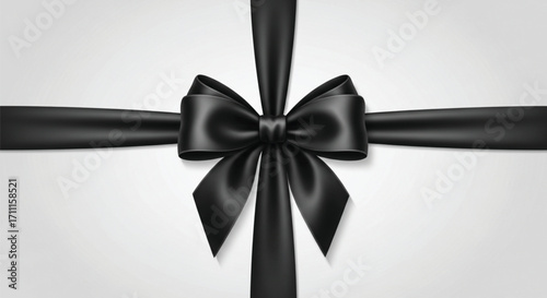 Elegant black satin ribbon bow on a minimalist white background