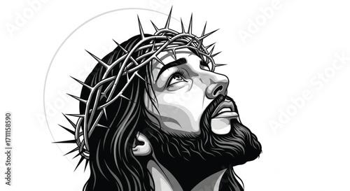 Devoted man with a crown of thorns looking upwards in hopeful prayer