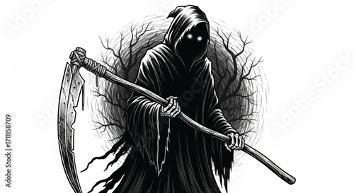 Mysterious hooded figure with glowing eyes holding a scythe in a dark, eerie forest