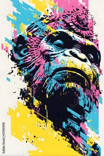 Colorful ape portrait with vibrant paint strokes and expressive details.