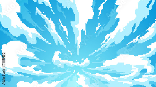 Pixel art blue sky background with white clouds. Retro 8 bit video game landscape. Vector illustration.